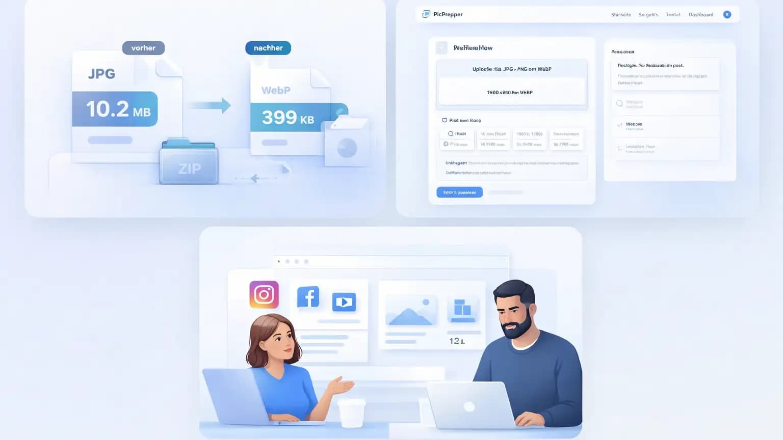 PicPrepper optimiert Bilder für Web und Social Media mit Vorher-Nachher-Kompression und Workflow-Ansicht
